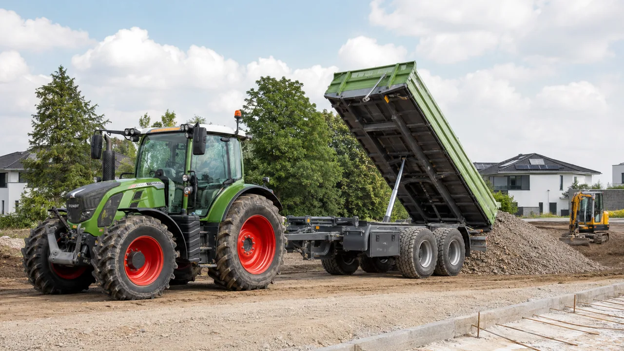 Traktor mit Kippanhänger auf einer Baustelle