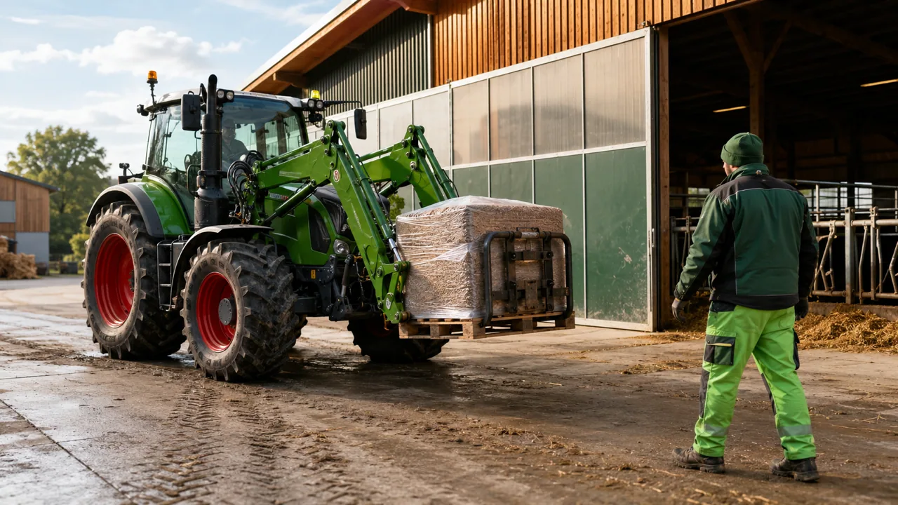 Traktor mit Frontlader bei Hofarbeiten