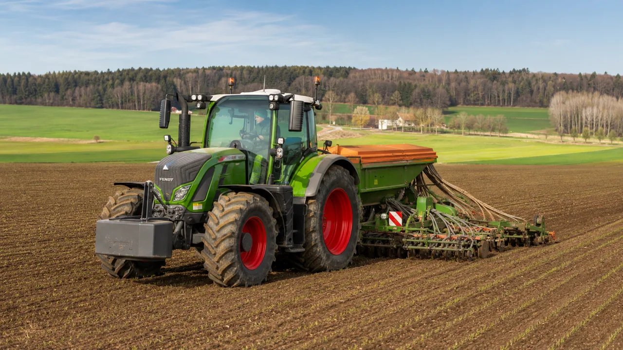 Traktor mit Sämaschine und Fahrer auf dem Feld